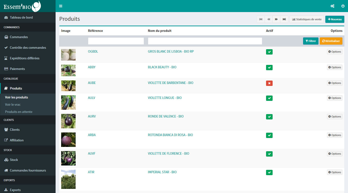 Capture d'écran d'un site de vente en ligne de semences biologiques